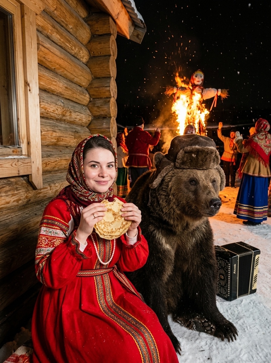 Девушка с медведем у костра на Масленицу