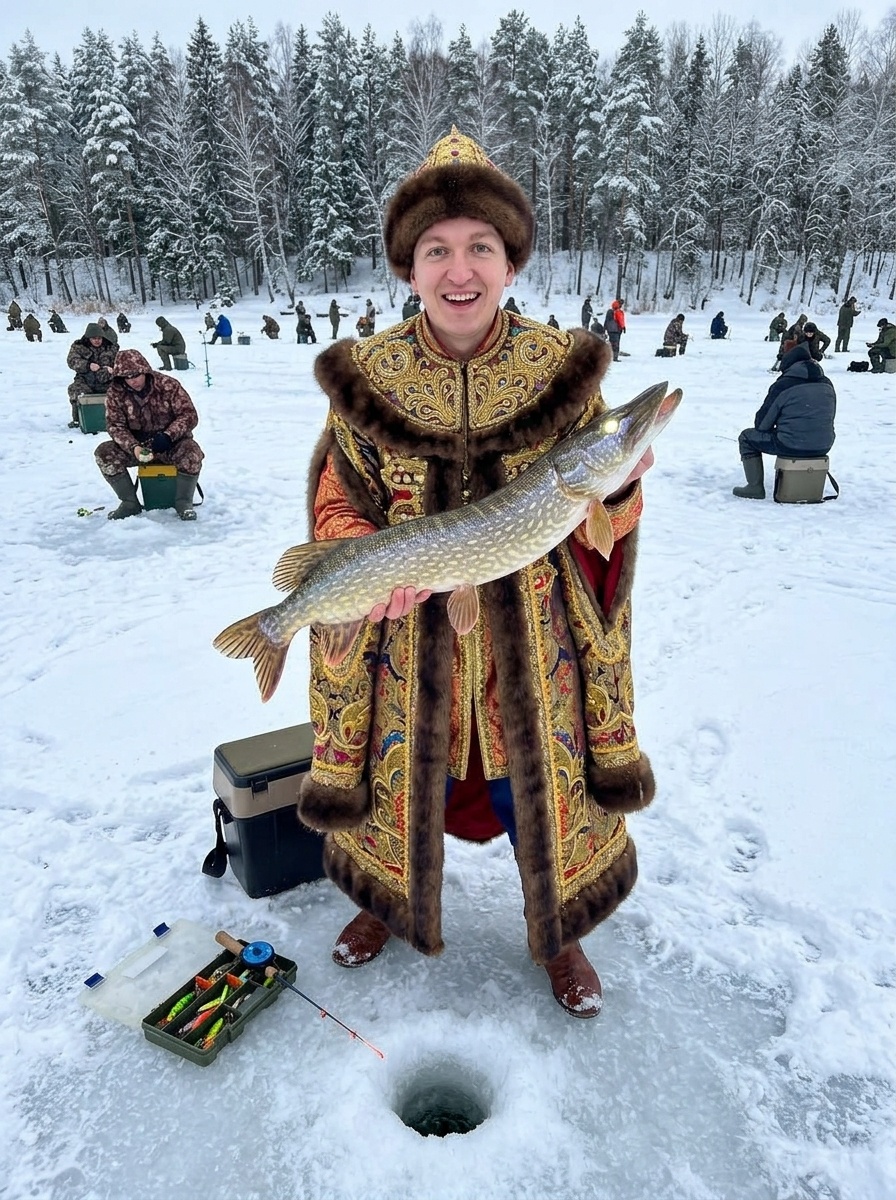 Мужчина в костюме Ивана-Царевича с щукой на зимнем озере