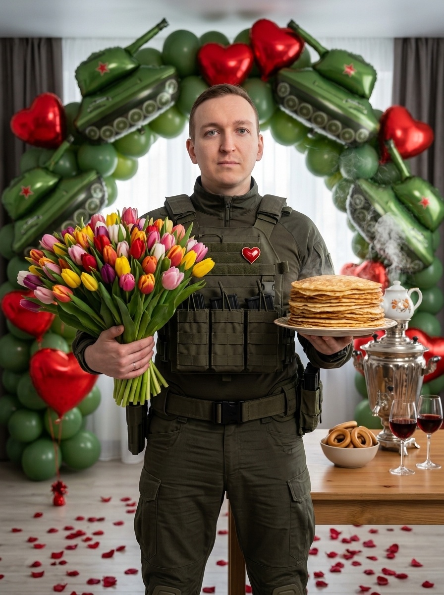 Мужчина в тактической одежде с тюльпанами и блинчиками
