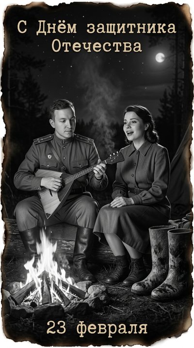 Солдат с балалайкой у костра: чёрно-белый портрет