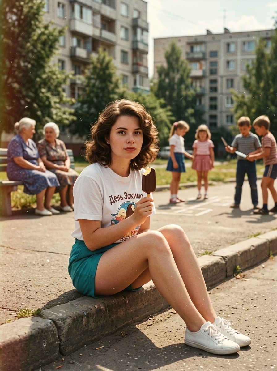 Портрет женщины в стиле СССР 80-х с эскимо