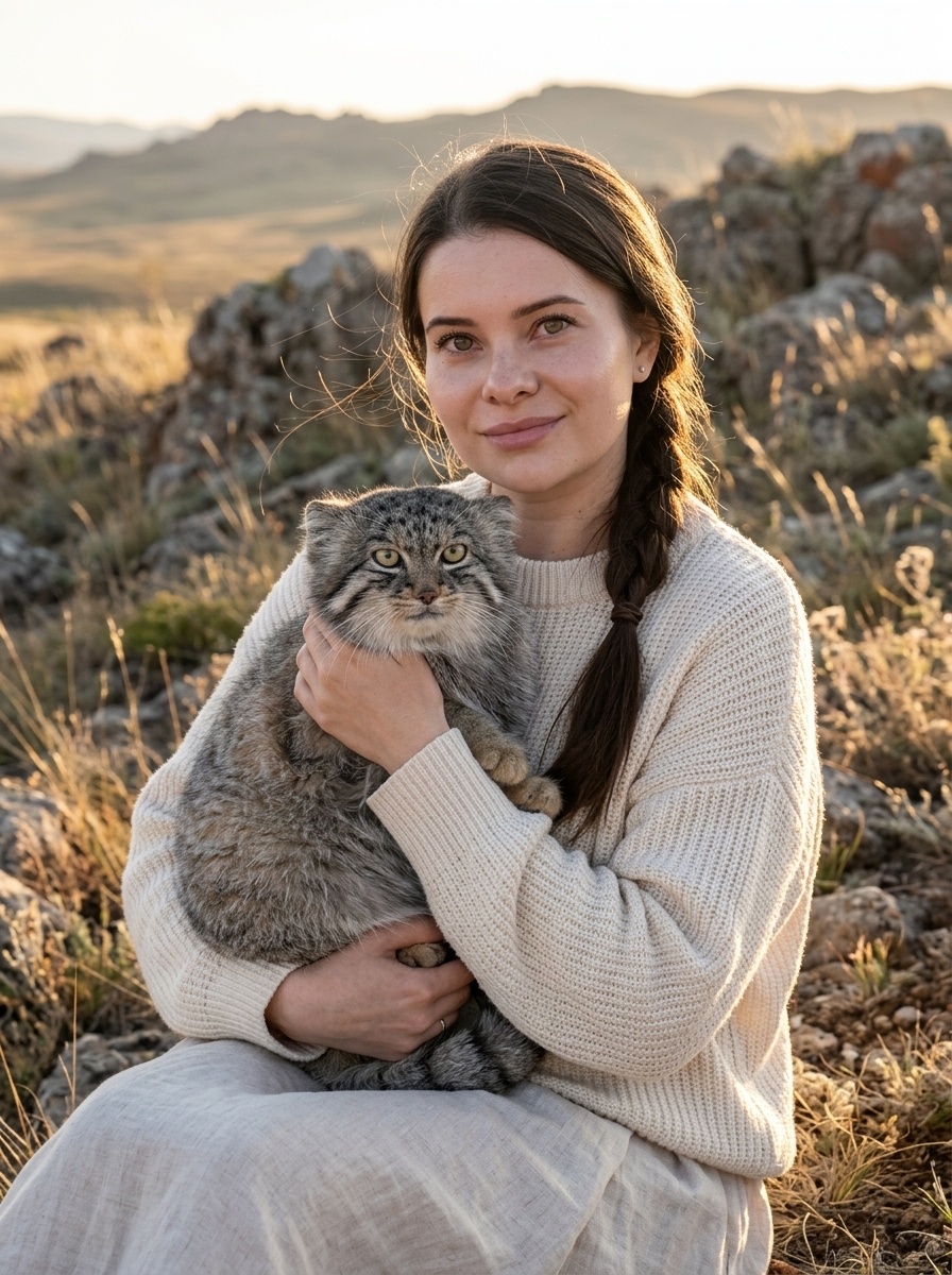 Женщина с манулом в степи на закате