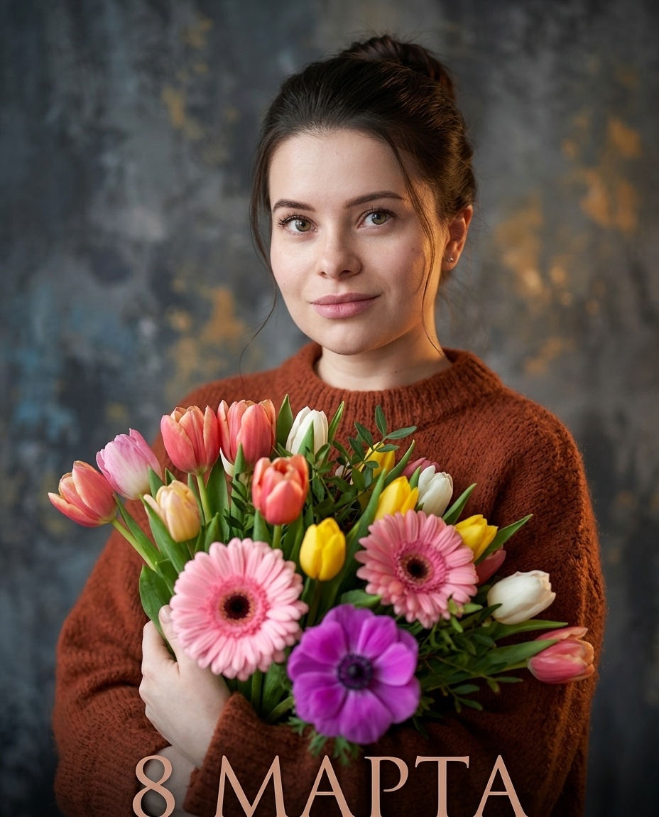 Женщина с букетом у фактурной стены