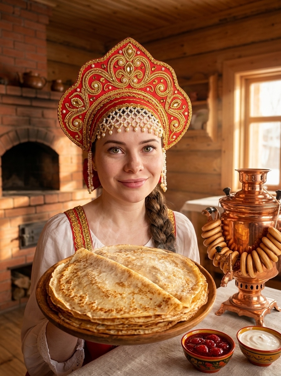 Женщина в кокошнике с блинами на Масленицу