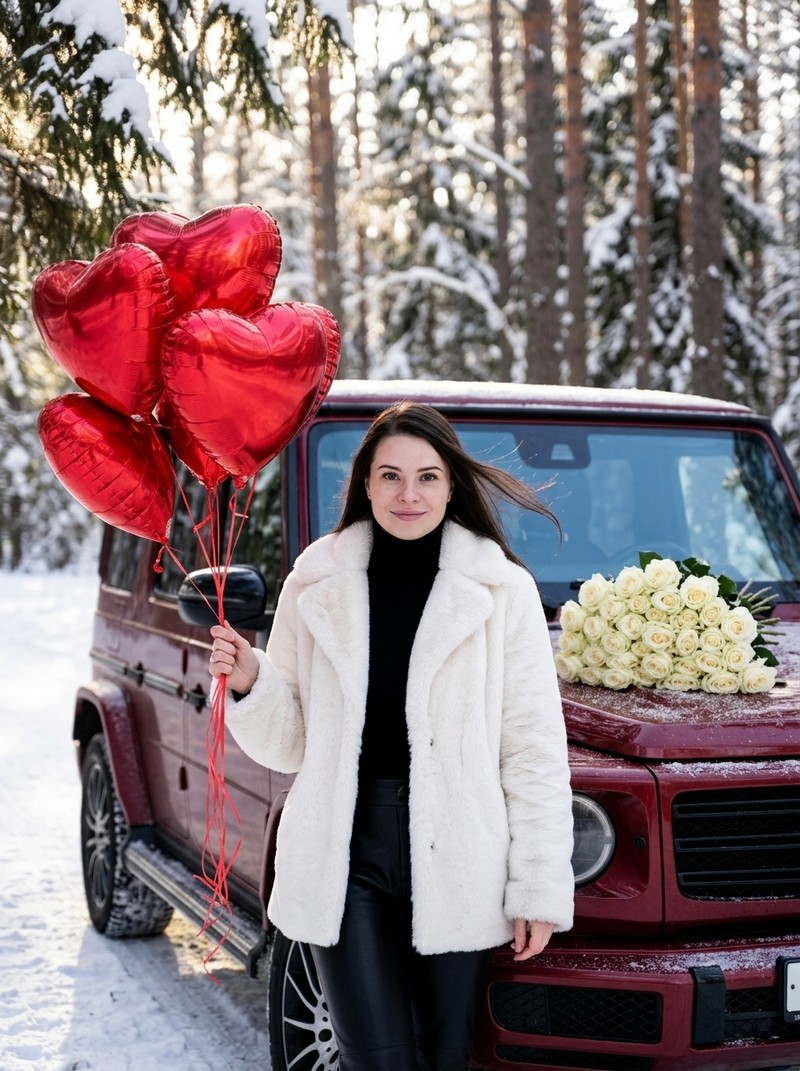Портрет женщины в белой шубе с шарами и Mercedes в снегу