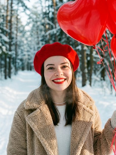 Светловолосая женщина с красными шарами в зимнем лесу