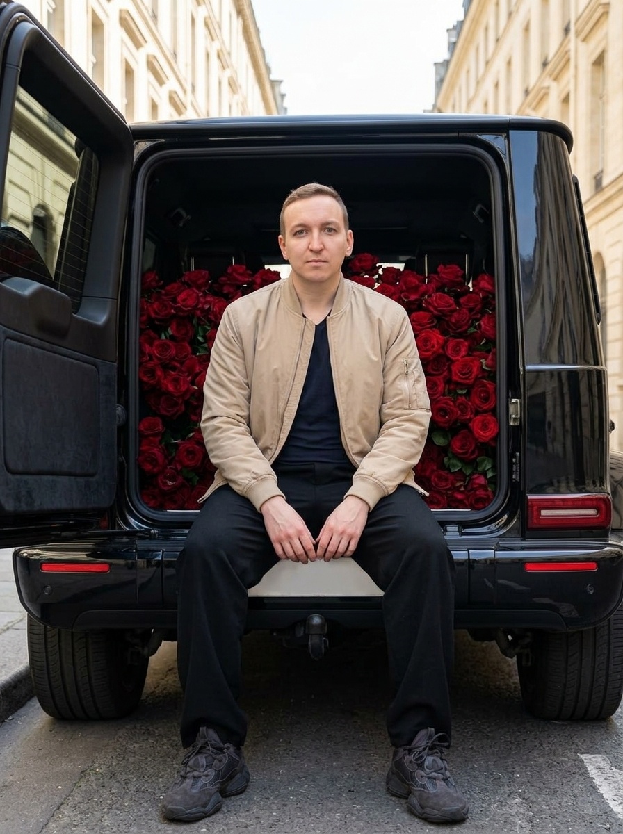 Luxury street-портрет мужчины на внедорожнике с розами