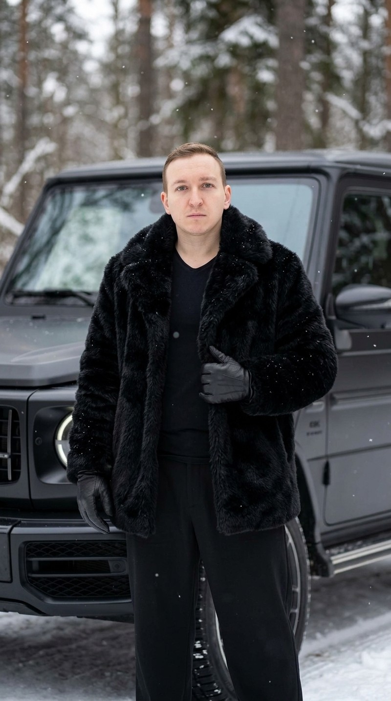 Мужчина в монохроме у Mercedes G-Wagon в снежном лесу