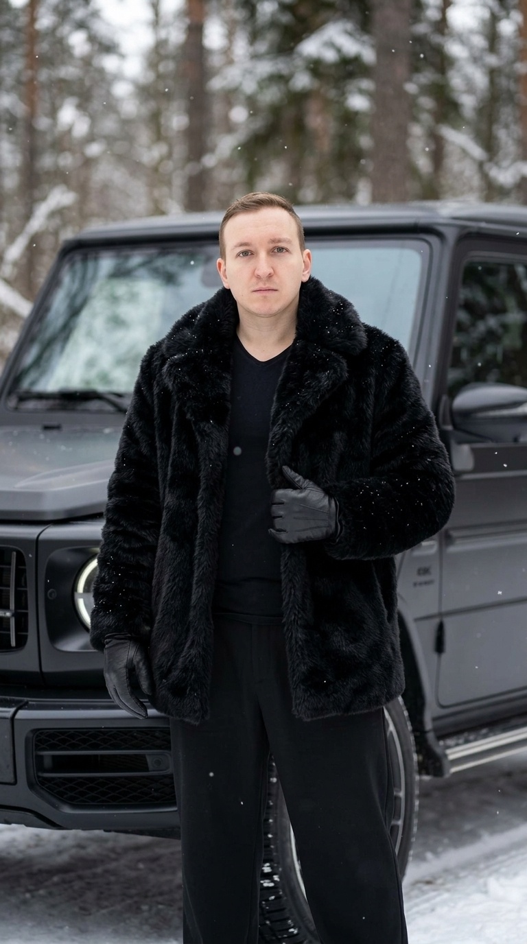 Мужчина в монохроме у Mercedes G-Wagon в снежном лесу