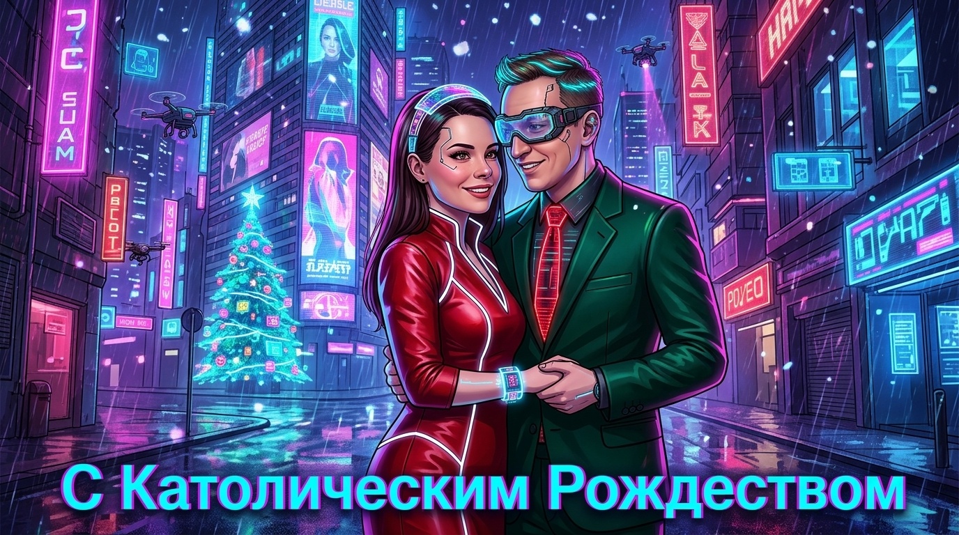 Киберпанк пара в неоновом снегу с елкой