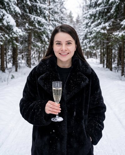 Luxury зимний портрет в снежном лесу с бокалом