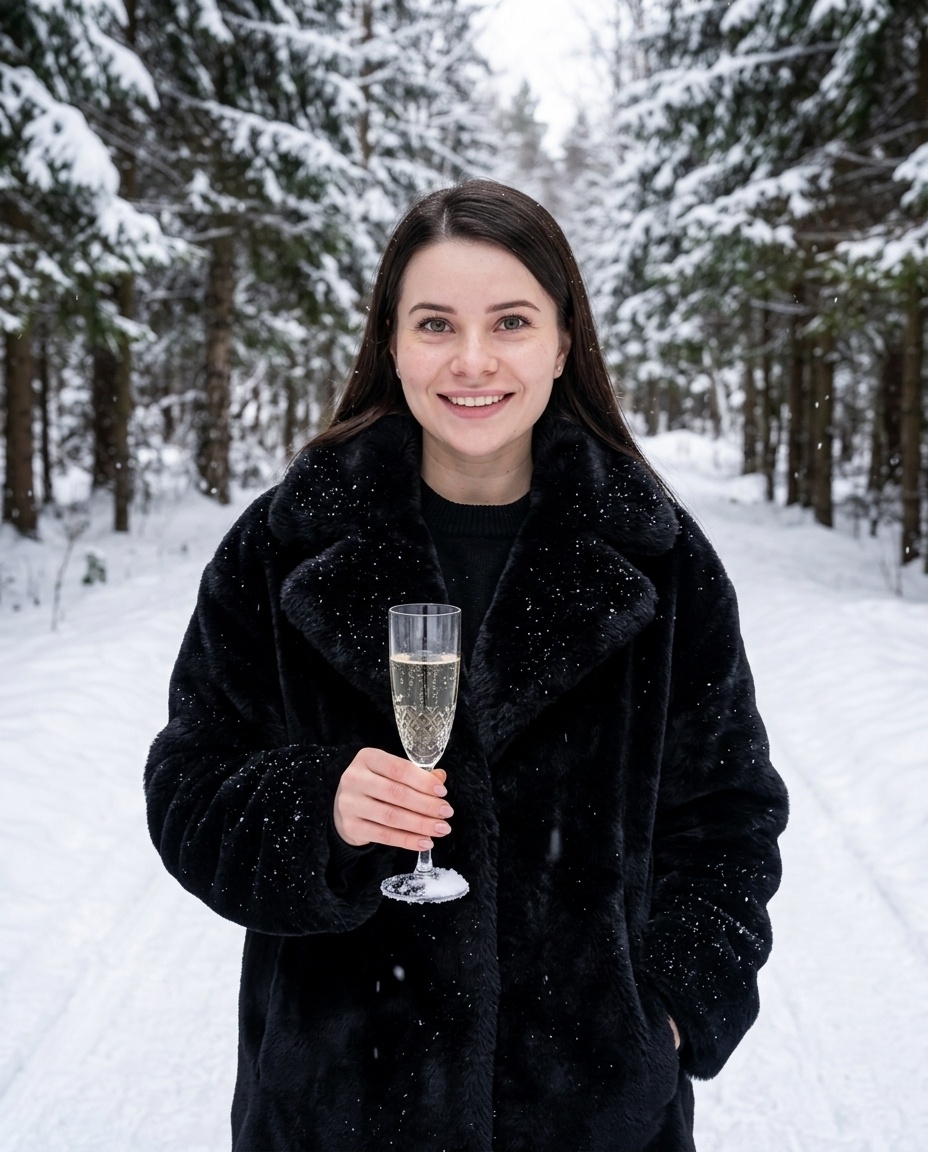 Luxury зимний портрет в снежном лесу с бокалом