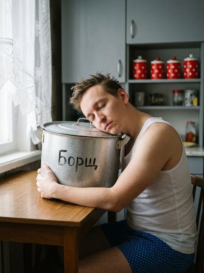 Парень с кастрюлей борща на советской кухне в гиперреализме