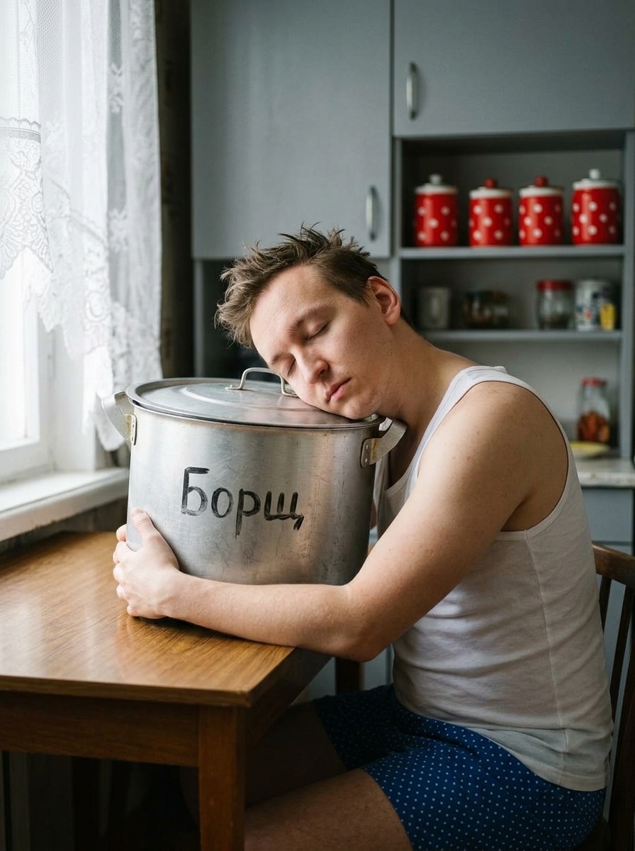 Парень с кастрюлей борща на советской кухне в гиперреализме