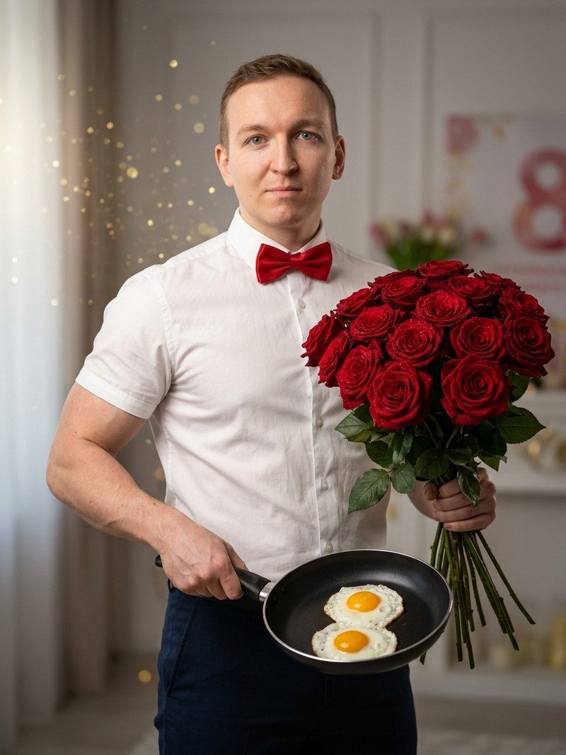 Мускулистый мужчина с яйцами и розами