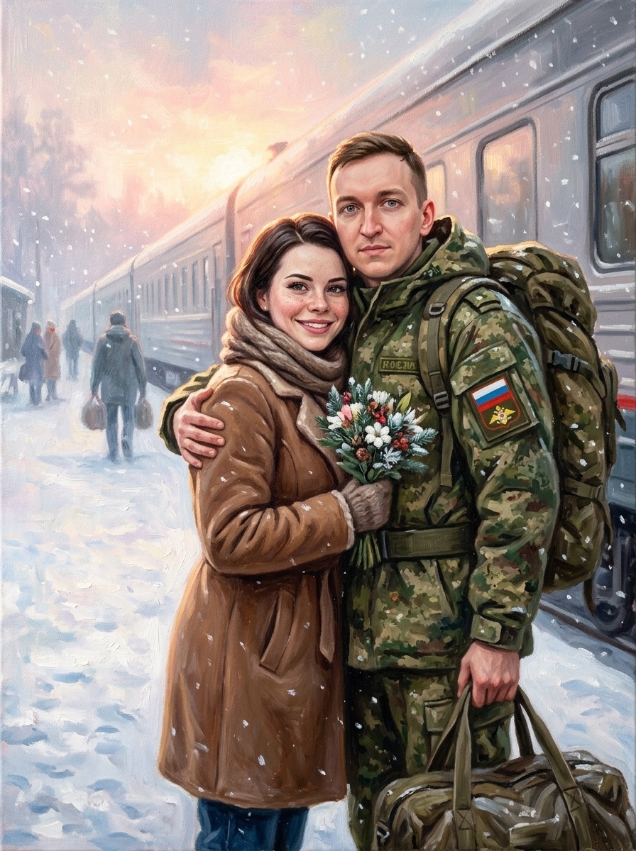 Масляная живопись зимней встречи на вокзале