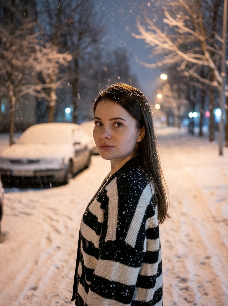Женский портрет на заснеженной улице ночью
