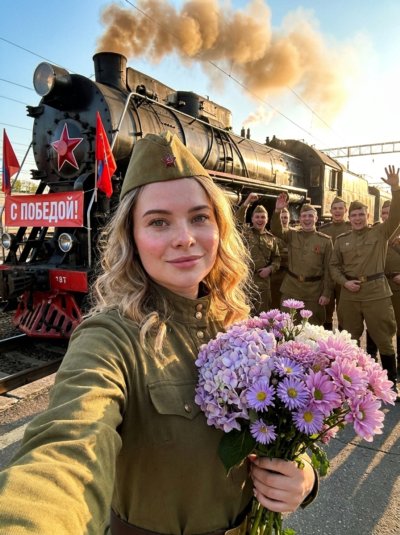 Селфи Победы: девушка в форме с сиренью у паровоза
