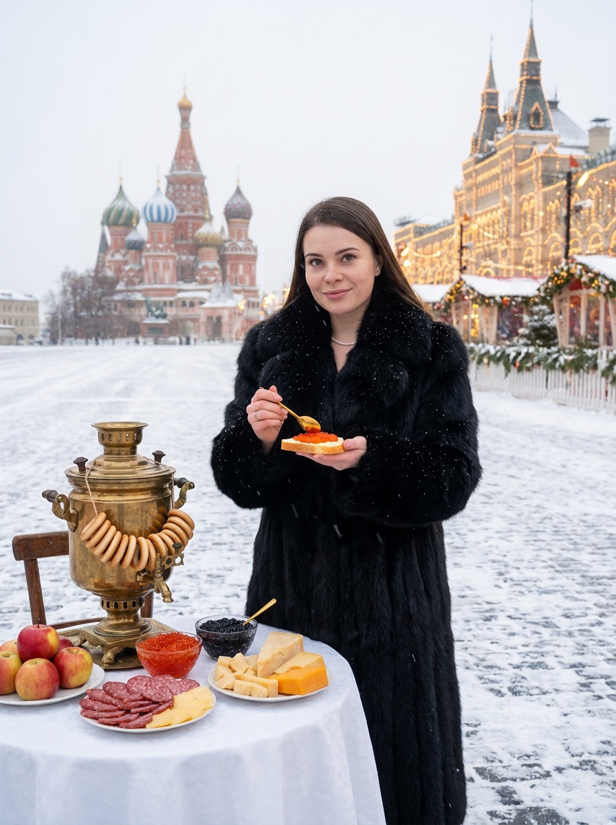 Роскошный завтрак с икрой на фоне зимней Красной Площади