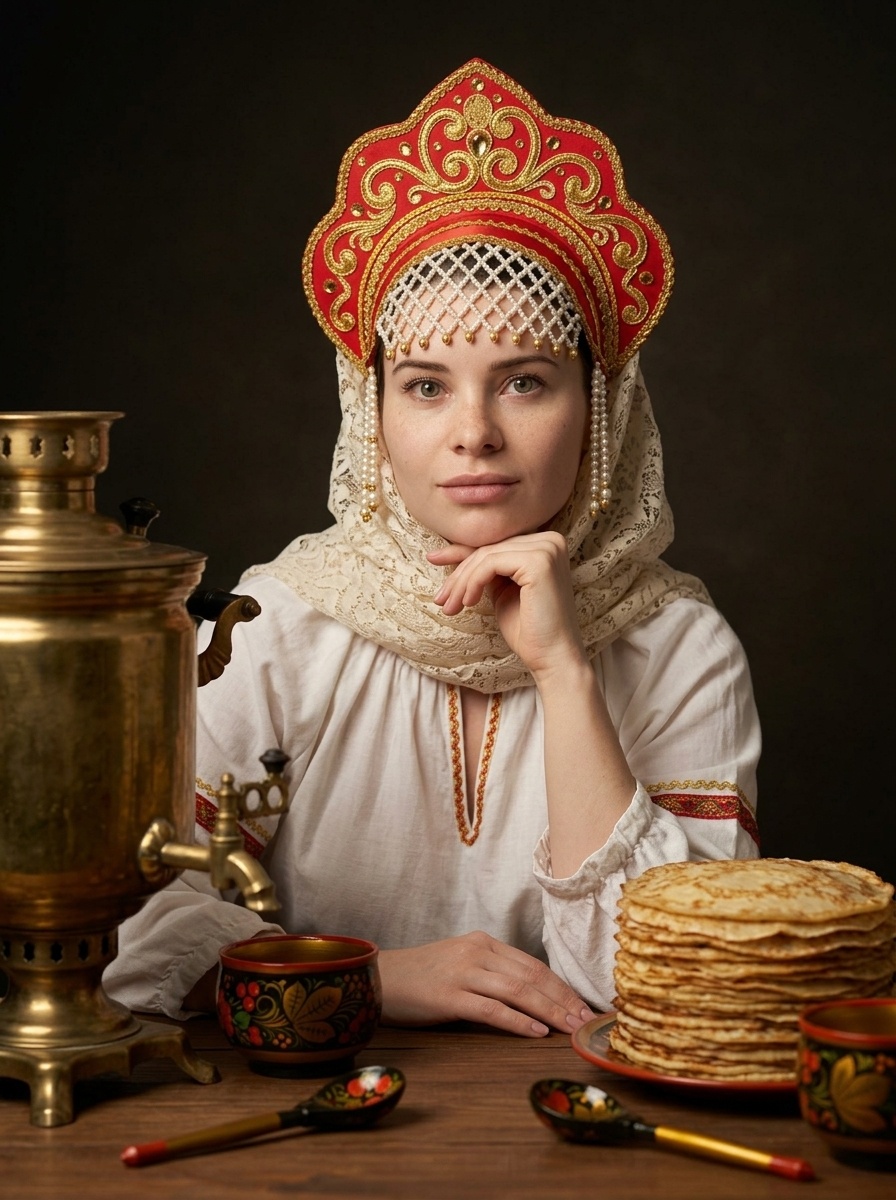 Русский портрет с самоваром и блинами