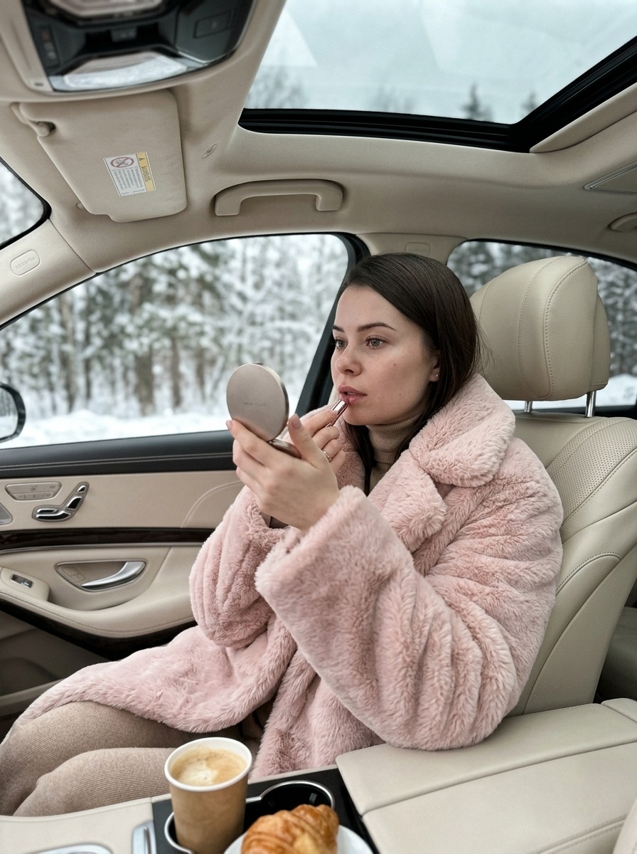 Модель в розовой шубе в авто на фоне снежного леса
