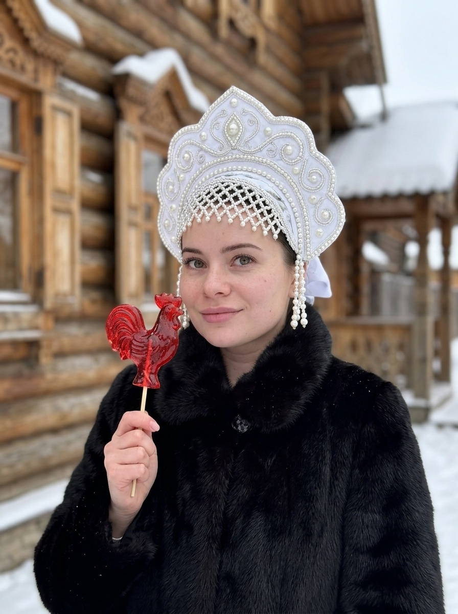 Зимняя fashion-съёмка в русском стиле с кокошником и шубой