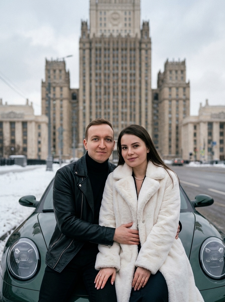 Зимняя фэшн-съёмка пары у Porsche в сталинском стиле