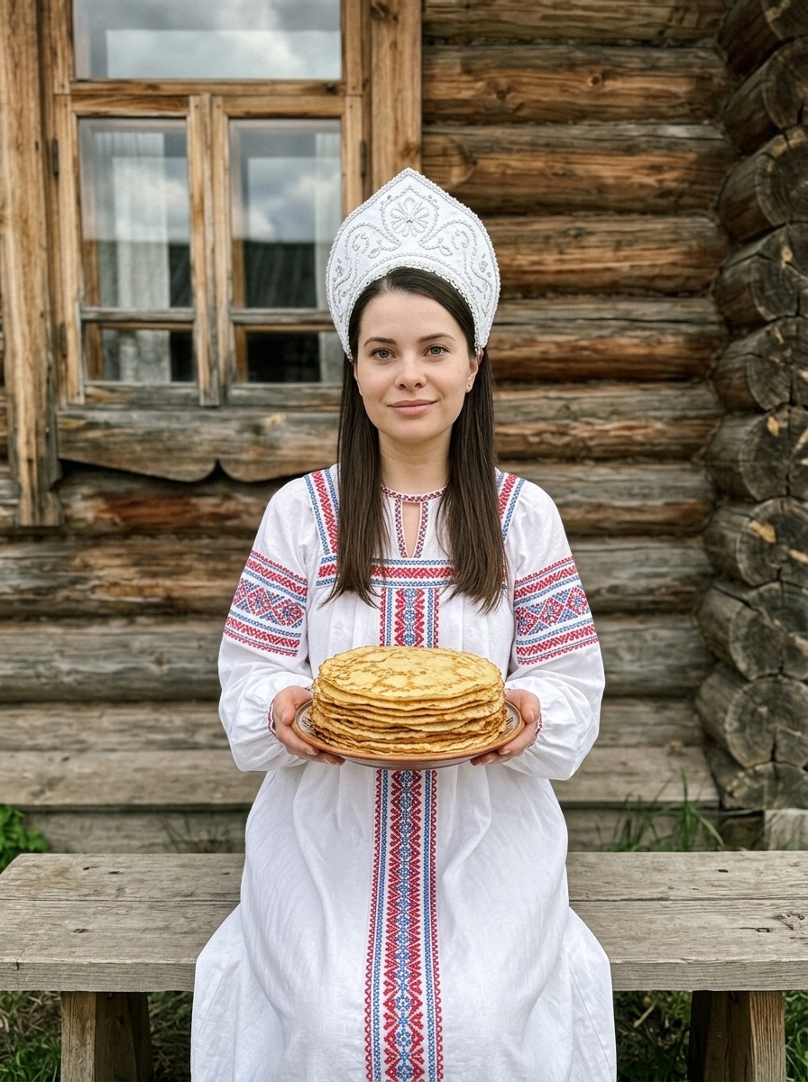 Русский фольклорный фэшн с кокошником на природе