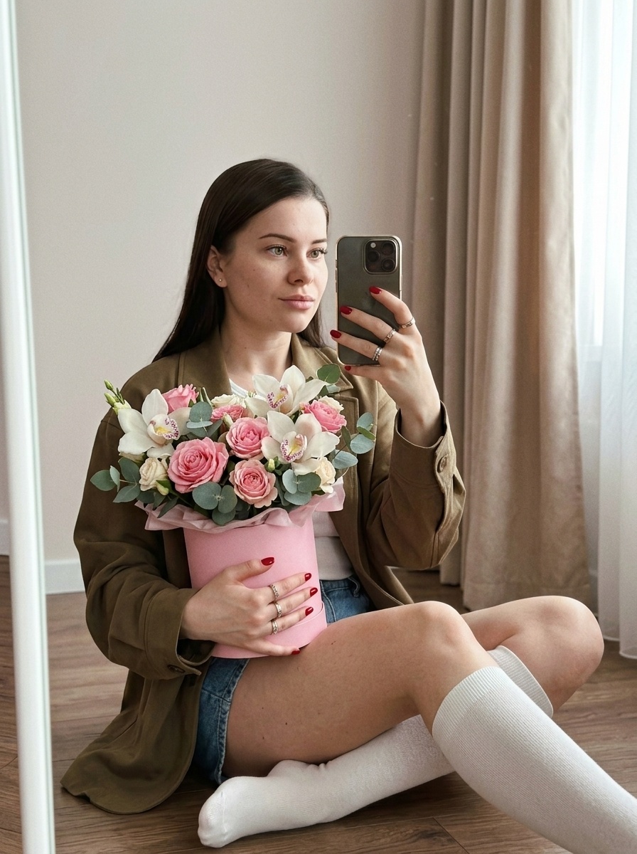 Зеркальное селфи девушки с цветами в интерьере
