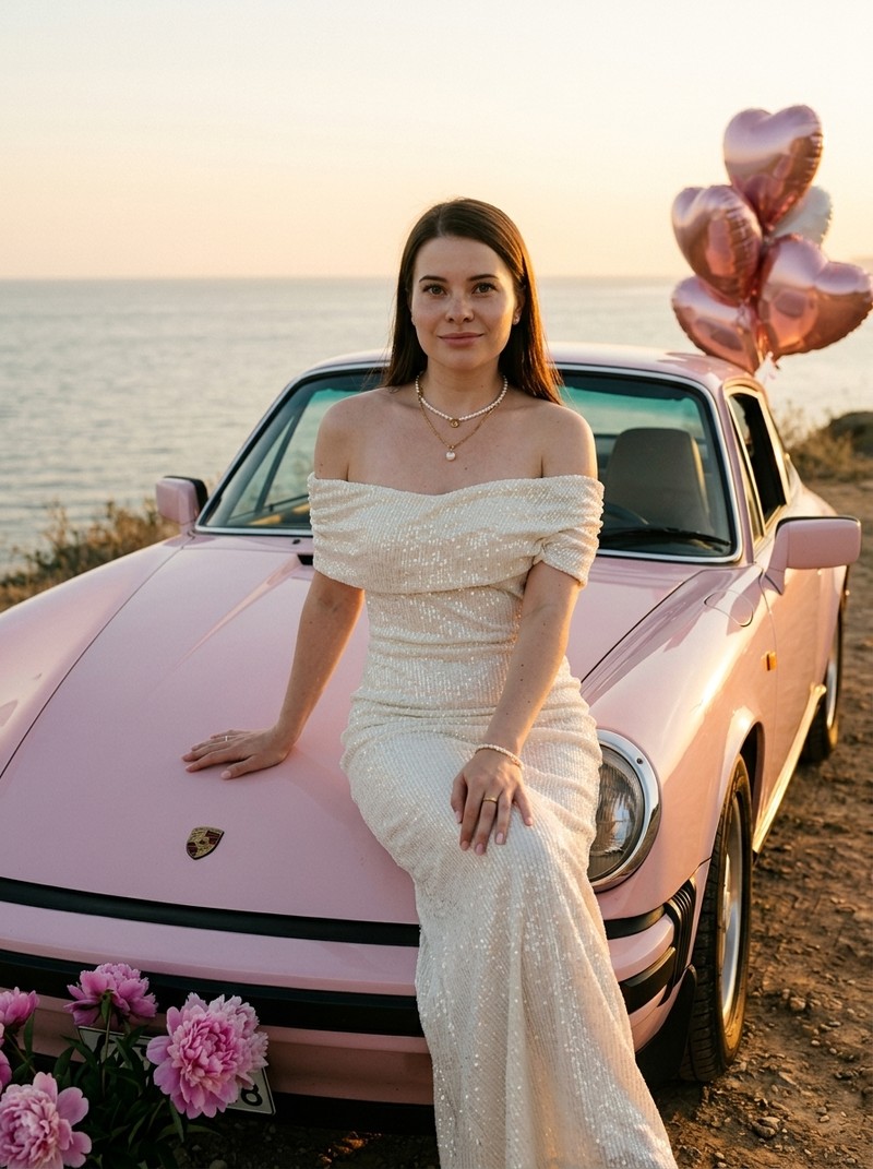 Fashion-портрет девушки на закате у моря с Porsche 911