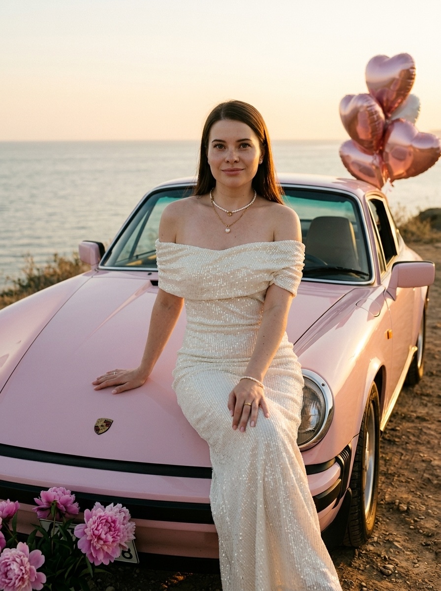 Fashion-портрет девушки на закате у моря с Porsche 911