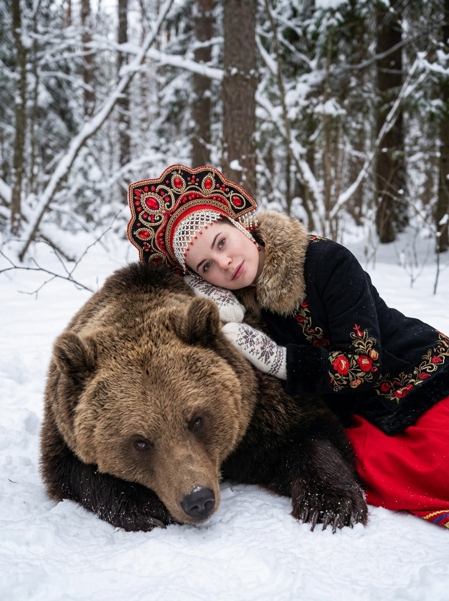 Девушка в кокошнике на медведе в зимнем лесу