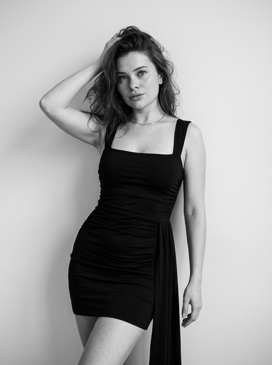 Чёрно-белый портрет девушки у светлой стены