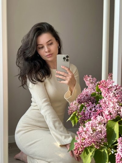 Фотореалистичный портрет девушки с сиренью в зеркале на iPhone