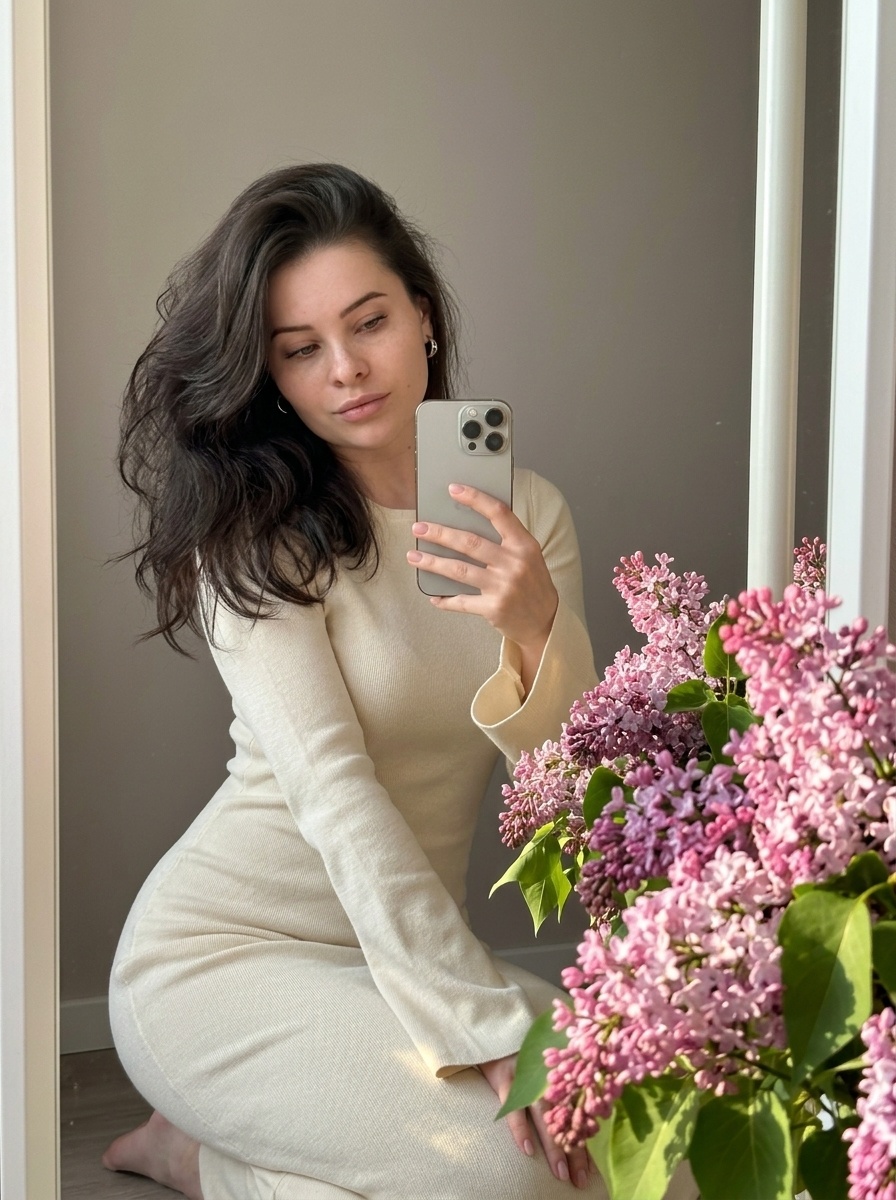 Фотореалистичный портрет девушки с сиренью в зеркале на iPhone