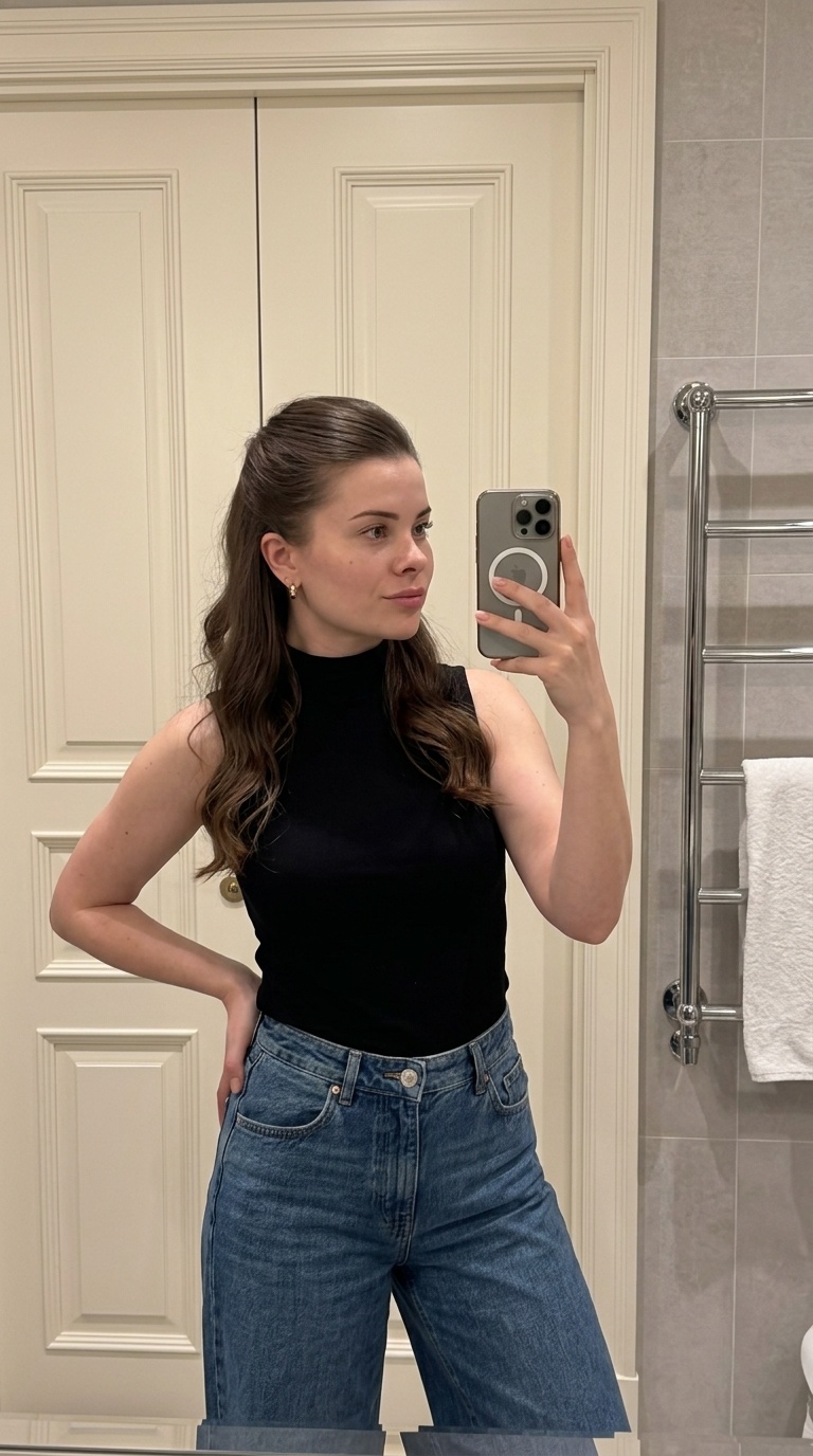 Фотореалистичное mirror selfie девушки в ванной с iPhone