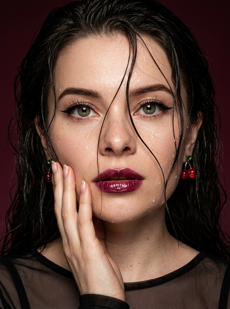 Fashion beauty-портрет с влажными волосами и винными губами