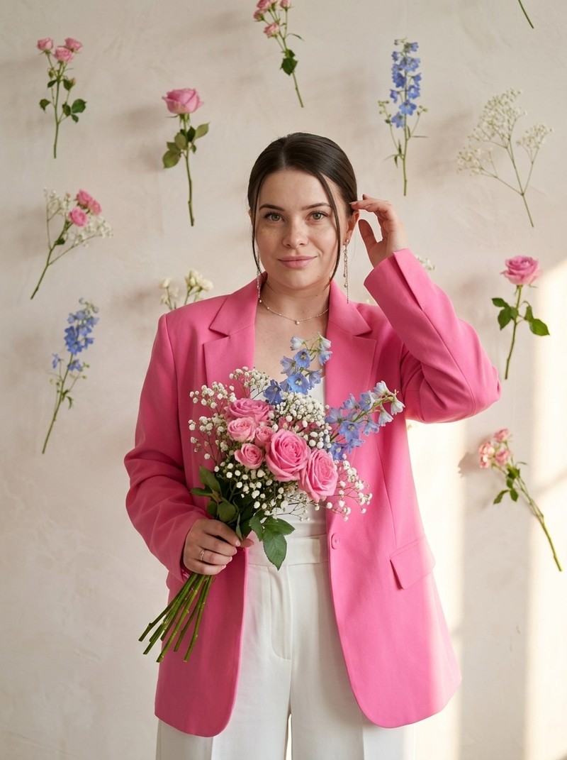 Fashion-съёмка девушки с букетом роз на светлом фоне