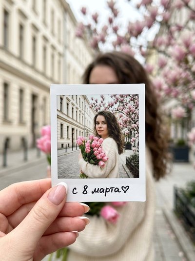 Фото в фото: Polaroid с тюльпанами на весенней улице