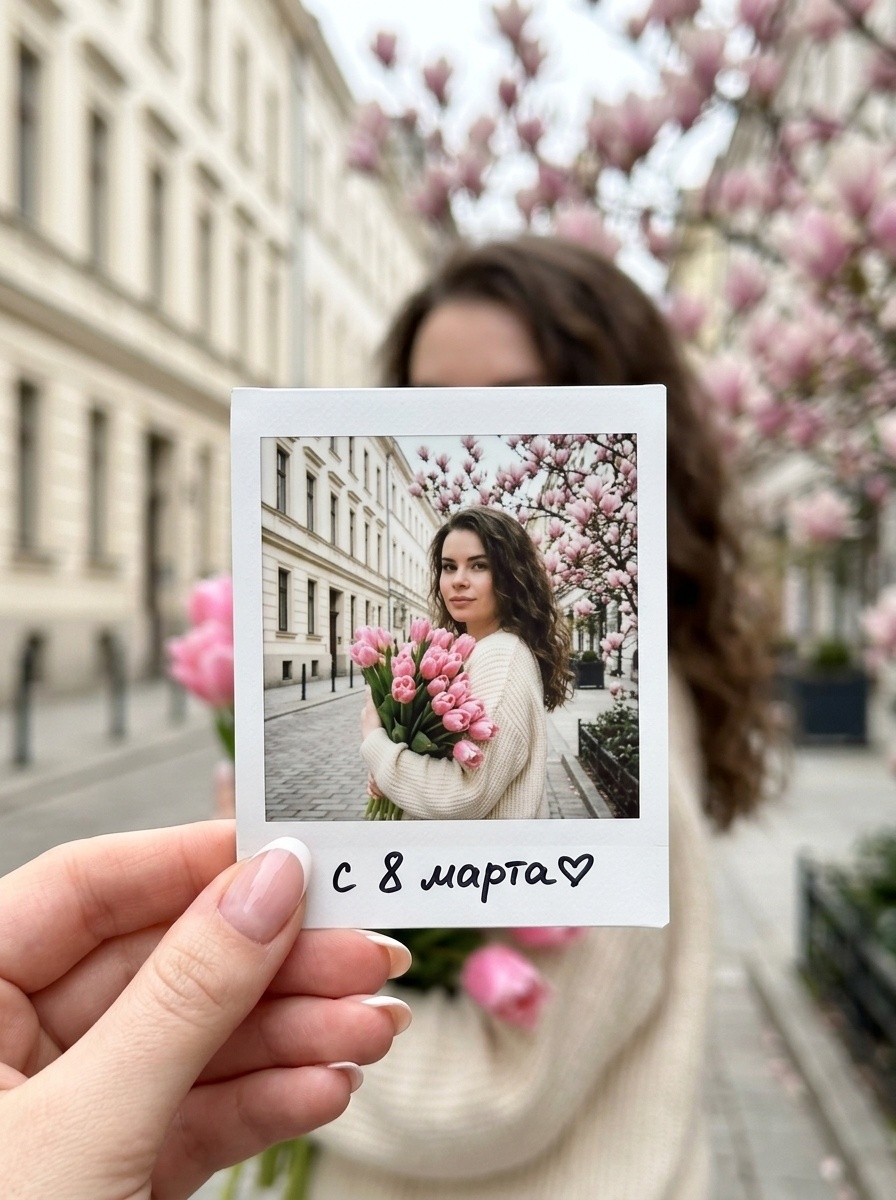 Фото в фото: Polaroid с тюльпанами на весенней улице