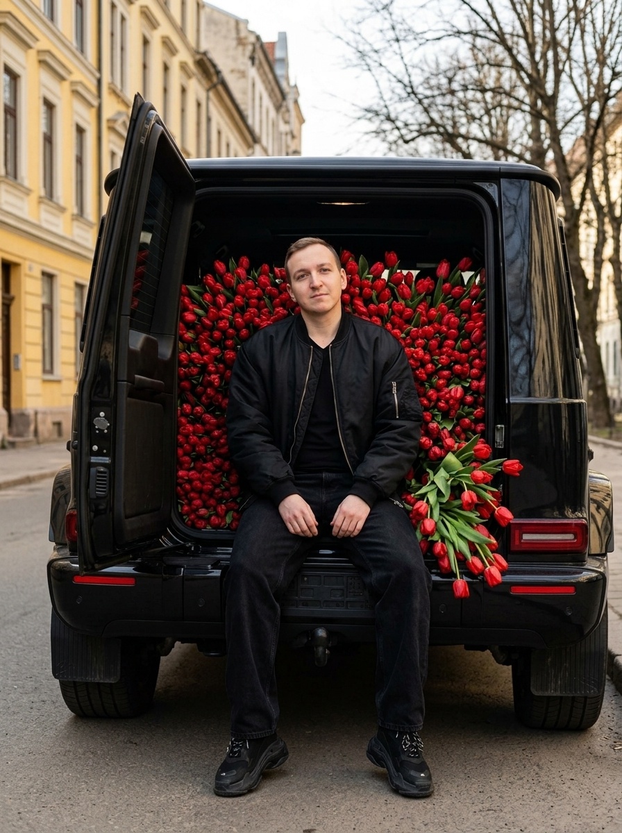 Мужчина с тюльпанами у Mercedes в европейском стиле