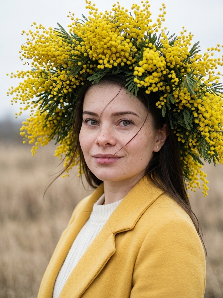 Портрет с венком из мимозы в весеннем свете