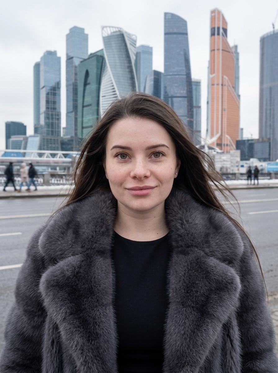 Портрет в шубе на фоне Москва-Сити зимой