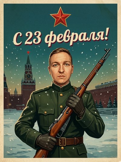 Портрет военного на Красной площади в стиле советской открытки