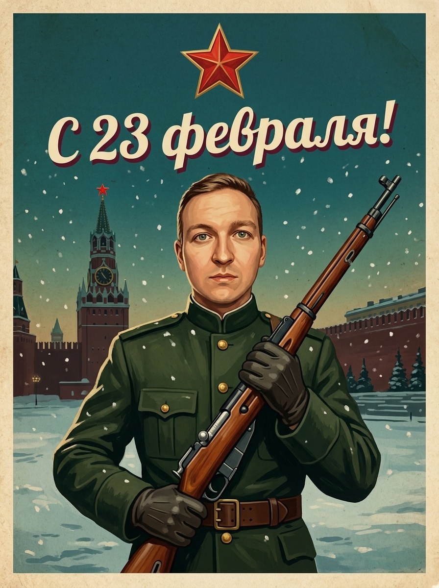 Портрет военного на Красной площади в стиле советской открытки