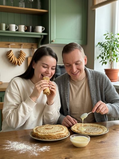 Тёплая кухня с блинами и живыми эмоциями пары