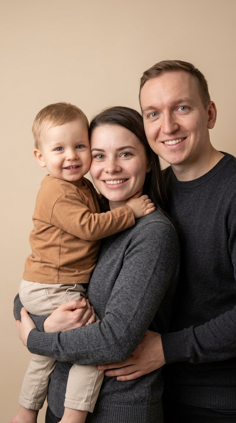 Студийный портрет родителя с ребёнком на бежевом фоне