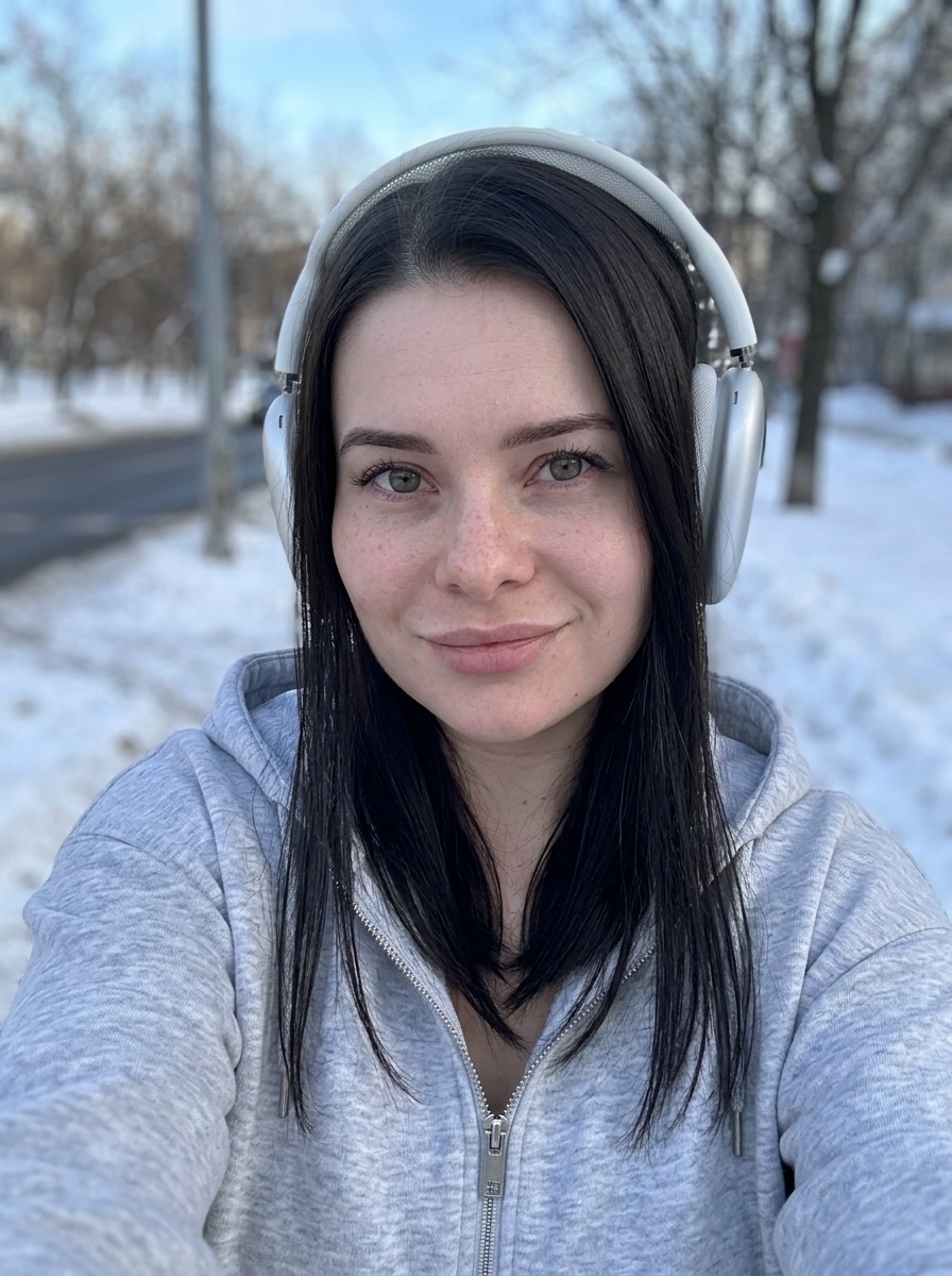 Селфи девушки в зимнем худи с AirPods Max на улице