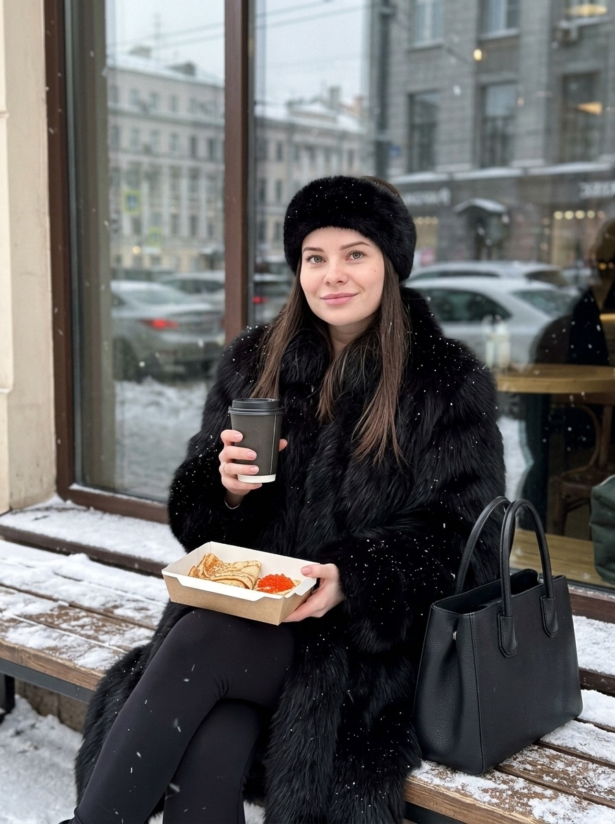 Зимний портрет у витрины кафе