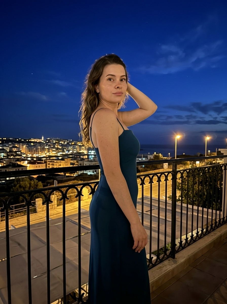 Вечерний портрет девушки на балконе в платье midnight teal